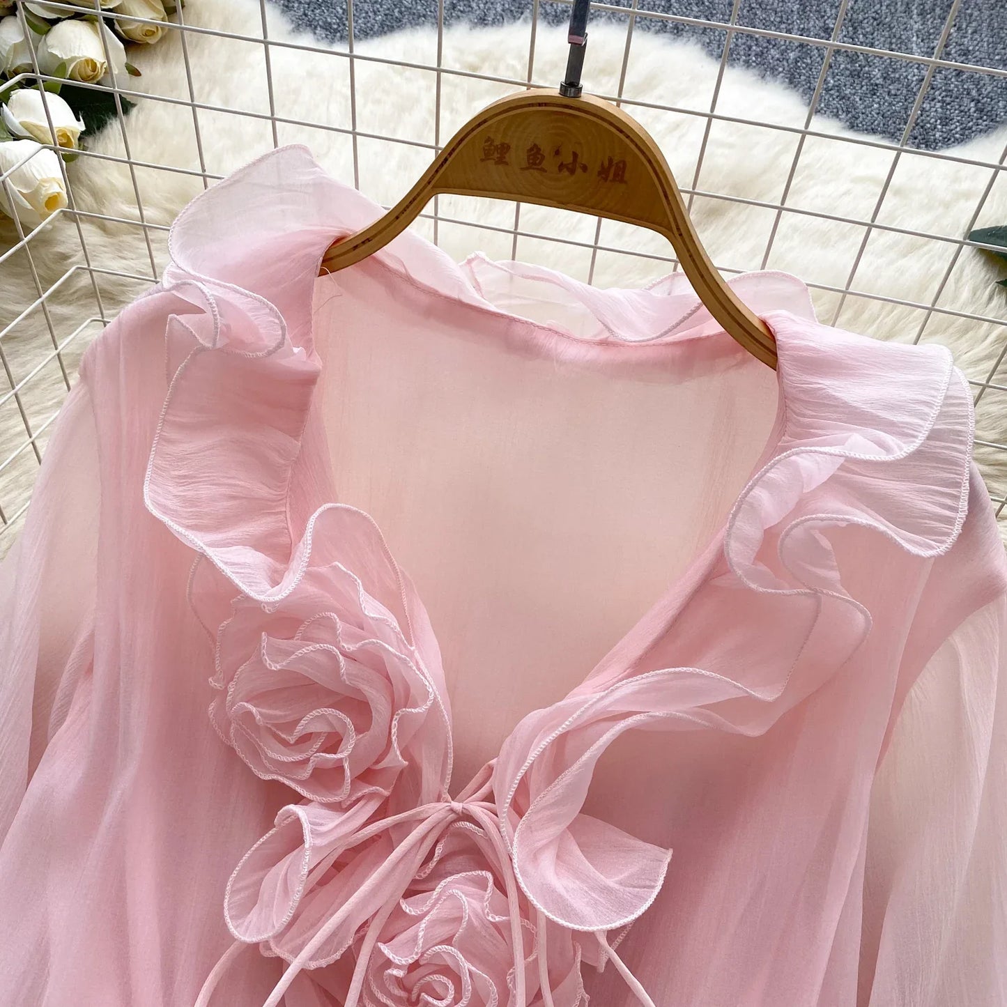 3D Floral Beach Short Dress Female Long Sleeves Lace Up Ruffle Chiffon Cake Sundress Sheer Sexy Vintage Bohemian Dress