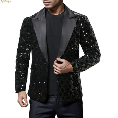 Men's Gold Suit Jacket, Wedding Party Dress Coat, Silver Blue Black Round Metallic Sequin Decoration Blazers.