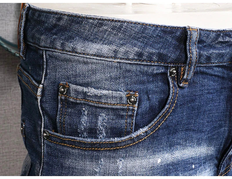 Fashion Streetwear Men Jeans Retro Black Blue Elastic Slim Fit Ripped Jeans Men Spliced Designer Embroidery Hip Hop Denim Pants