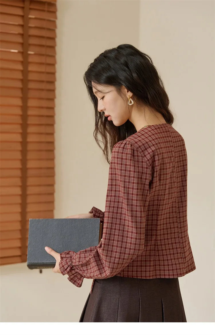 Women's Red Tied Plaid Shirt 2025 Autumn New Arrival Sweet 3D Floral Turn-Down Collar Long-Sleeve Blouse Women MXE45X2481