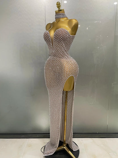 2025 Luxurious Full Rhinestones Mesh Transparent Long Dress Women Birthday Celebrate Evening Prom Dress Party Club Stage Costume