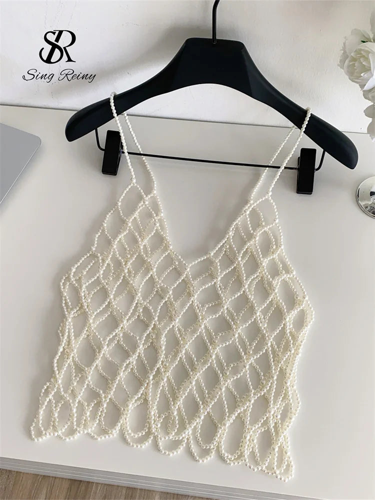 Strap Pearl Camisole Female V Neck Sleeveless Match Sweater Outside Top Fashion High Quality Hollow Out Loose Tank Top