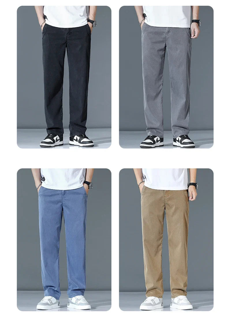 Ultra-thin Lyocell Fashion Loose Casual Pants Men Spring Summer Korean Straight Stretch Brand Trousers Male Clothing Wide Pants