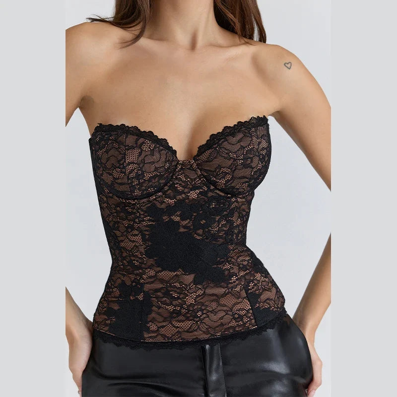 Lady Elegant Floral Lace Strapless Corset Top Transparent Lace Bustier Top Sleeveless Slim Tube Top For Night Club Party Dating