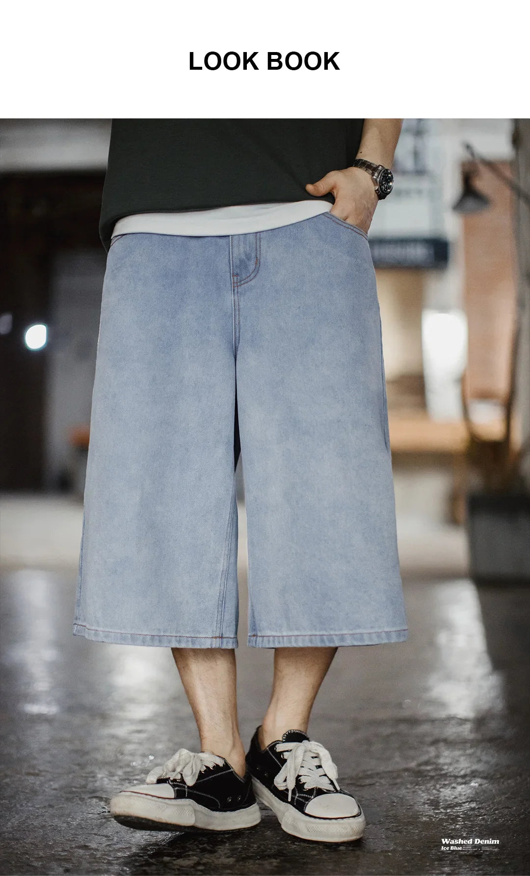Men's American Retro Ice Blue Washed Denim Shorts Straight A Line Seven Inch Pants Vintage Workwear Loose Summer Trousers