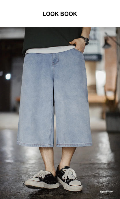 Men's American Retro Ice Blue Washed Denim Shorts Straight A Line Seven Inch Pants Vintage Workwear Loose Summer Trousers