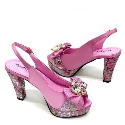 Shoes for Women High Heels INS Style Rhinestone Peep Toe Bow Gold Color New Italian Shoes and Bag for Party 2024