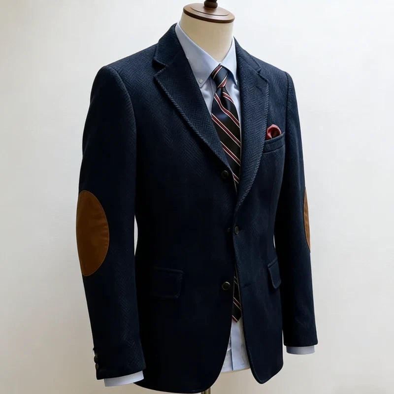 Men's Vintage Herringbone Tweed Blazer With Elbow Patch 2 Button Single Breasted Cotton Casual Slim Fit Business Jacket XS-7XL