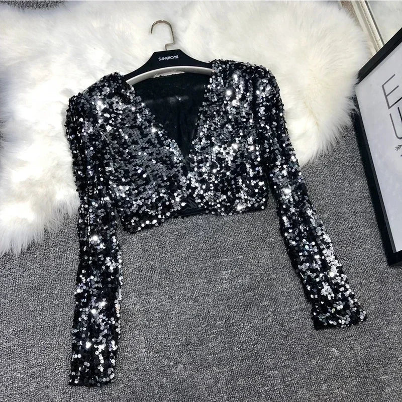 Street Fashion Joker Short Edition Sequins Small Suit Sparkling Bead Piece Suit Small Jacket Tank Top Jazz Dance Performance