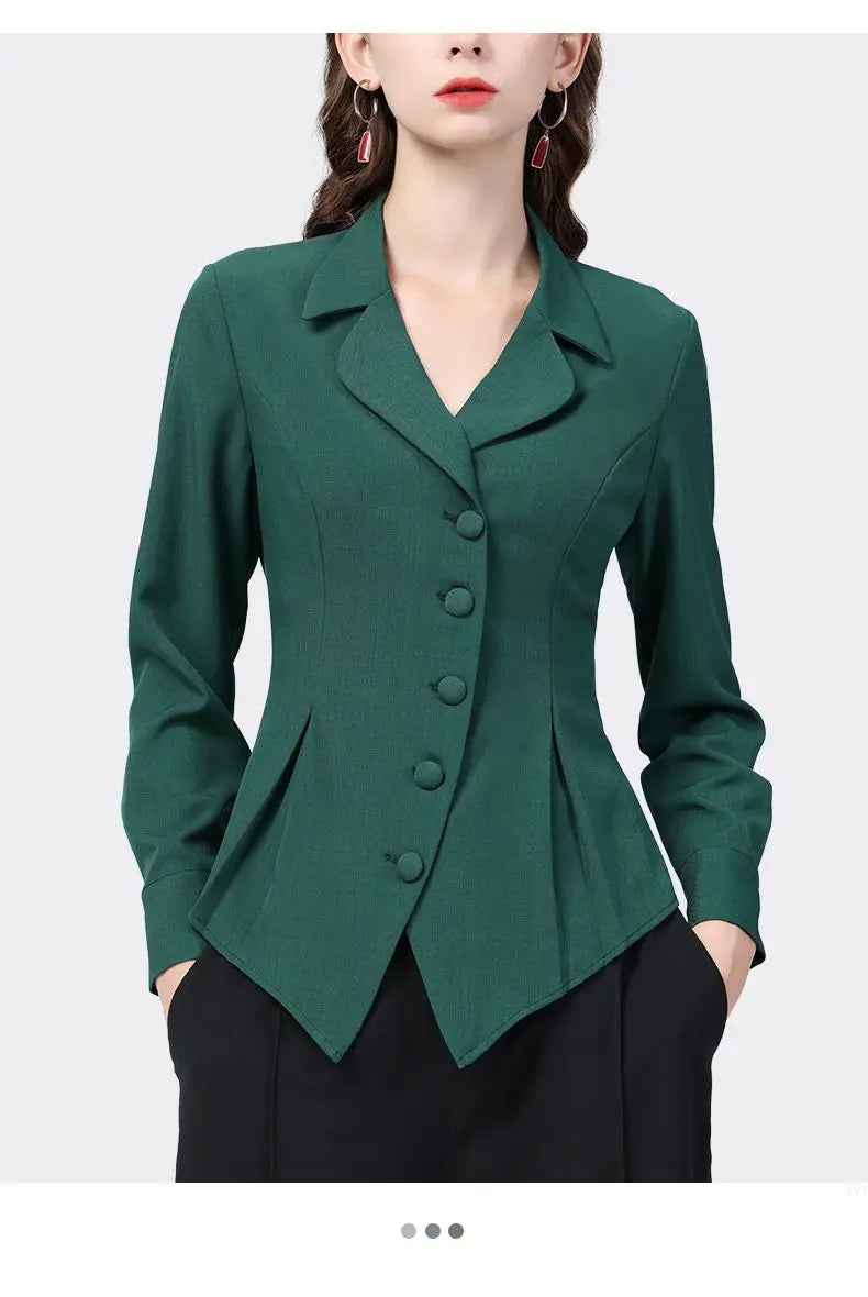 Temperament Skinny Solid Notched Pleated Button Elegant Blazers Graceful Intellectual Women's Clothing 2022 Thin Autumn Winter