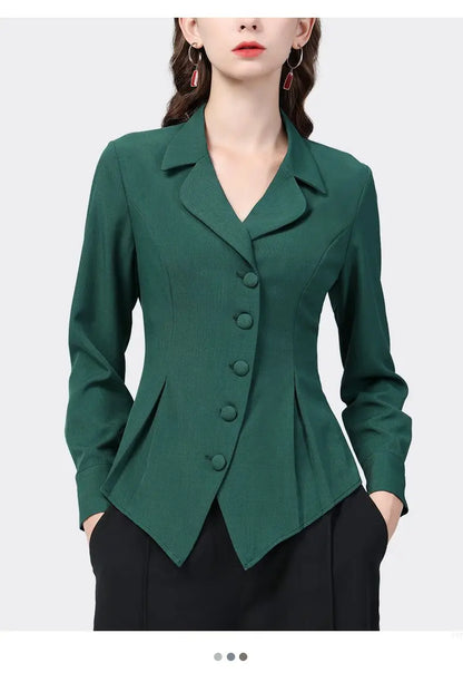 Temperament Skinny Solid Notched Pleated Button Elegant Blazers Graceful Intellectual Women's Clothing 2022 Thin Autumn Winter