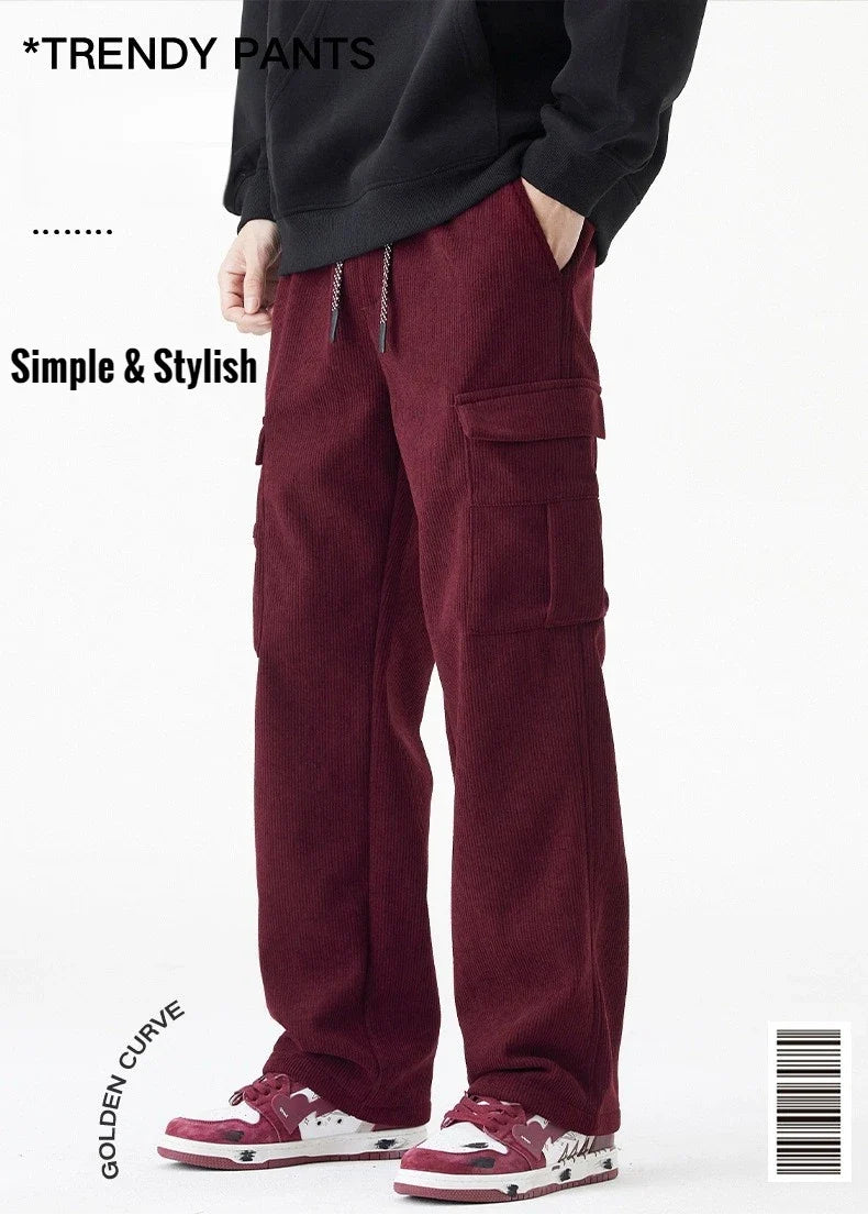 2026 New in Winter Corduroy Pants Men Straight Wide Leg Cargo Trouser Male Elastic Waist Loose Fit Thick Brown Warm Fleece Plush