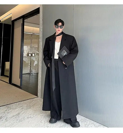 Spring Autumn Extra Logn Black Oversized Flowy Soft Trench Coat for Men with Back High Slit Loose Casual Overcoat