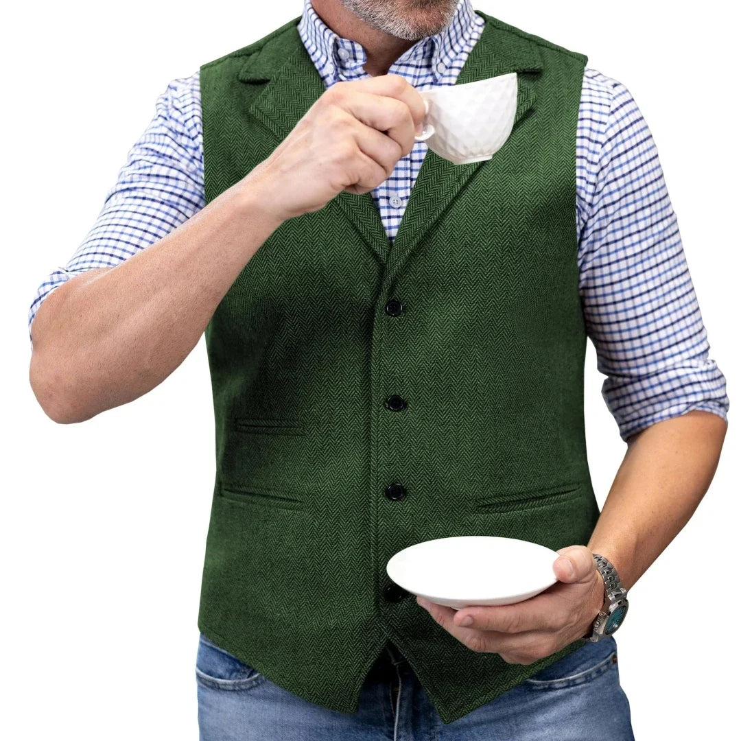 Men Vest Brown Herringbone Single Button With Lapel Waistcoat For Wedding Party Banquet Prom Business Work Casual Daily Men Vest