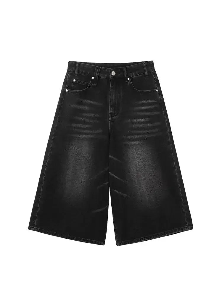 2026 Y2k Retro Women Low Rise Jorts Brushed Black Wash Cropped Baggy Jeans Wide Leg Frayed Denim Short Pants Fashion