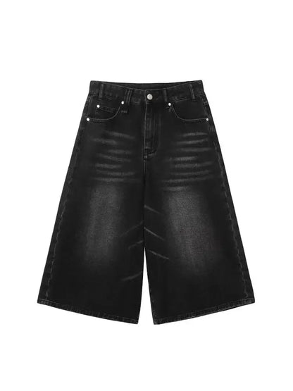 2026 Y2k Retro Women Low Rise Jorts Brushed Black Wash Cropped Baggy Jeans Wide Leg Frayed Denim Short Pants Fashion