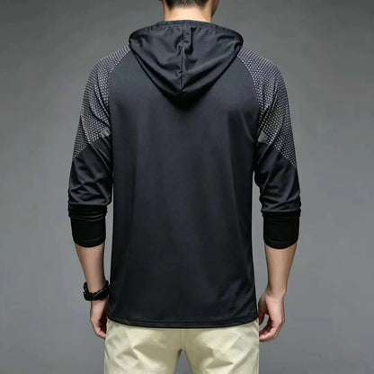 Men's Casual Solid Color Quick Dry Breathable Elastic Thin Long Sleeve T-Shirt with Hood for Spring/Summer Fitness And Sports