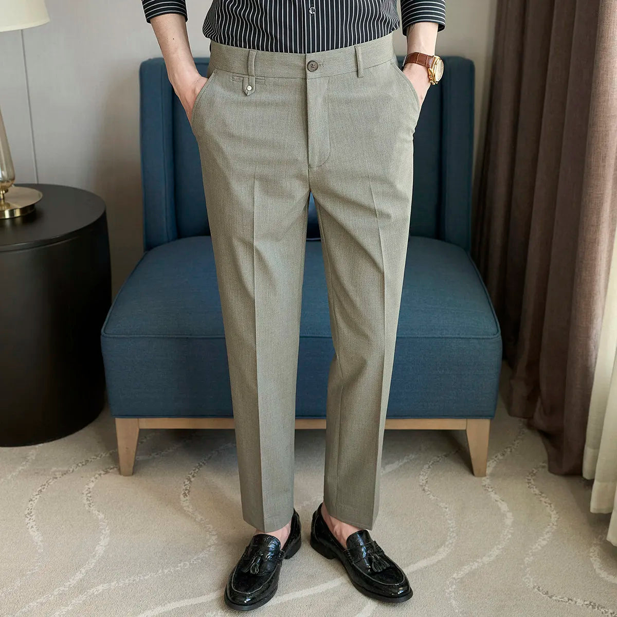 2026 Spring Summer Men's Pants Fashion Solid Color Suit Trousers Male High Waist Slim Fit Pants Men Business Casual Formal Pant