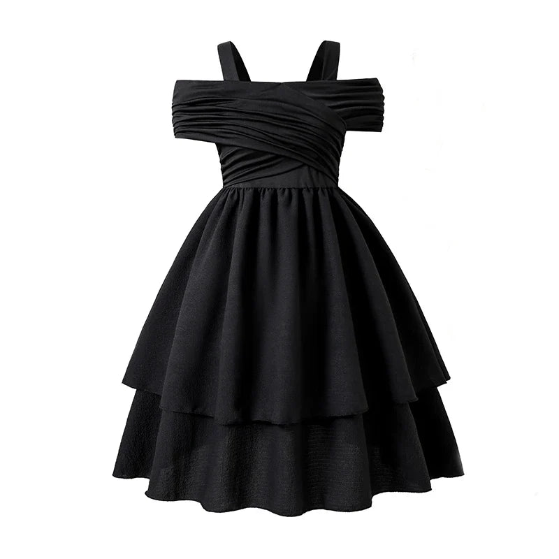 Kids Dress For Girls Black Solid Color Sling Short Sleeve Ruched Tiered Dress 8-12 Years Summer Frenchy Simple Style Elegant