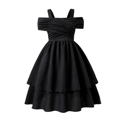Kids Dress For Girls Black Solid Color Sling Short Sleeve Ruched Tiered Dress 8-12 Years Summer Frenchy Simple Style Elegant