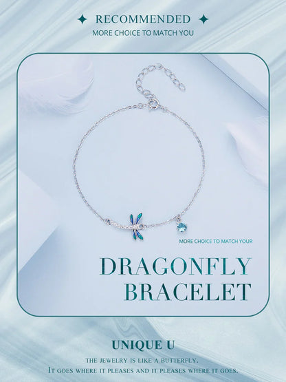 925 Sterling Silver Green and Blue Enamel Dragonfly Bracelet Insect Chain Link for Women Pave Setting CZ Fine Jewelry