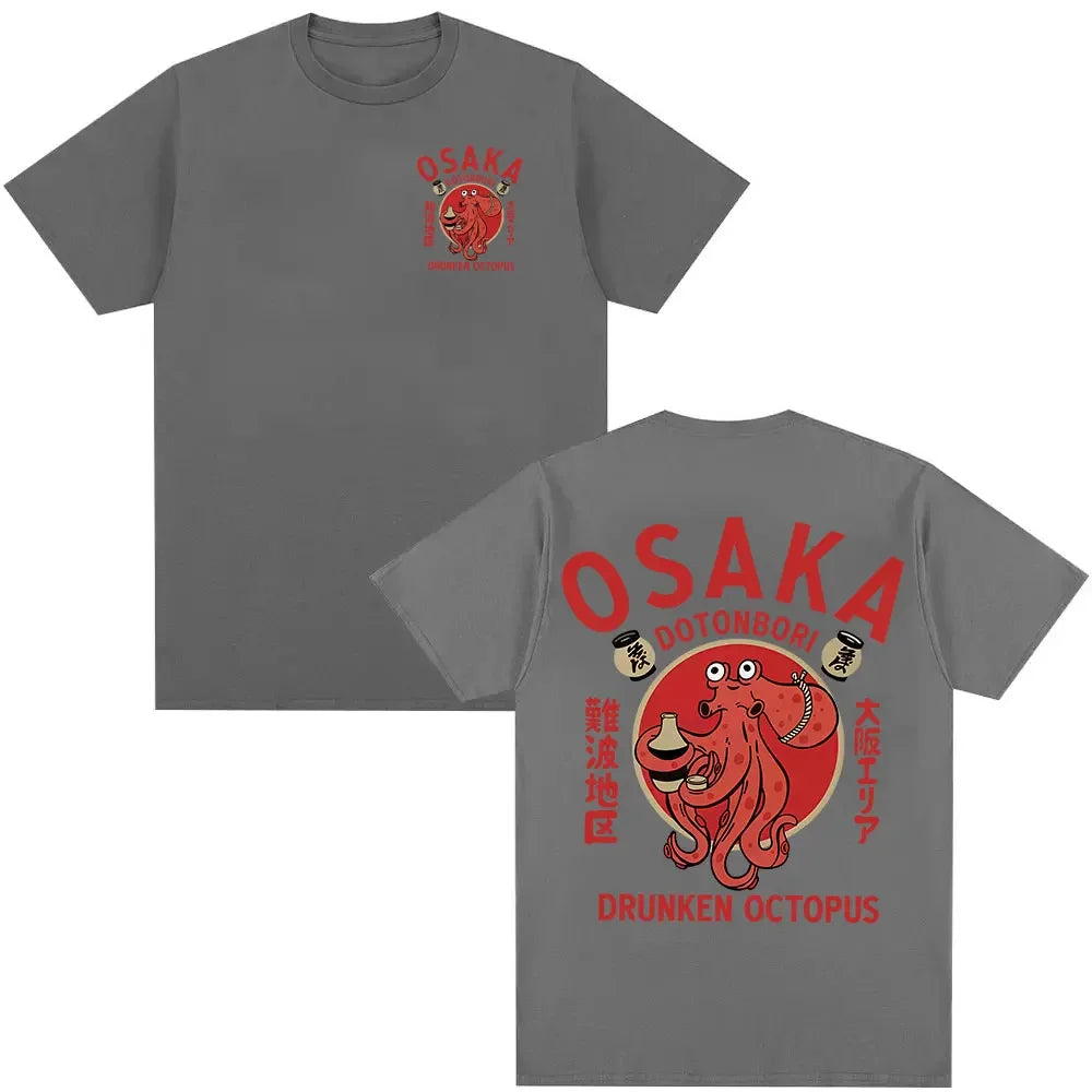 Japanese Osaka Dotonbori Drunken Octopus Food Lover Funny T Shirts Men Women Retro Harajuku Oversized Cotton T-Shirt Streetwear