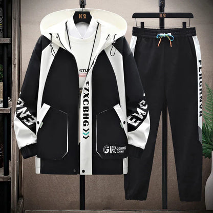 Spring Autumn Casual Men Sets Jacket + Pants Two Pieces Fashion Korean Trend Hooded Baseball Uniform Suit Man Outfit