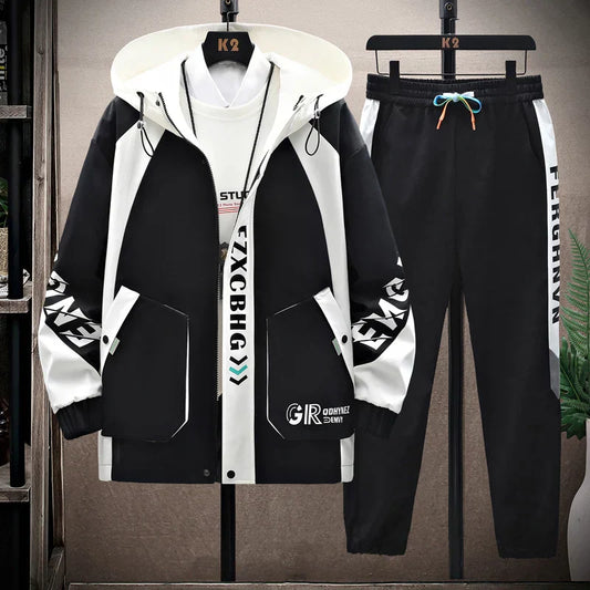 Spring Autumn Casual Men Sets Jacket + Pants Two Pieces Fashion Korean Trend Hooded Baseball Uniform Suit Man Outfit