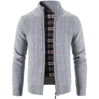Winter Autumn New Sweater Knit Cable Cardigan Men Business Casual Jacket Zipper Up Solid Color Turn-down Coat Fleece Clothes