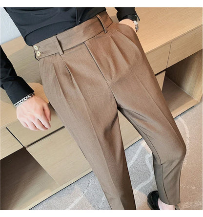 British Style Twill Pleat Design Naples High Waist Casual Trousers Fashion Man Slim Simple Social Party Suit Pant Plus Size 38
