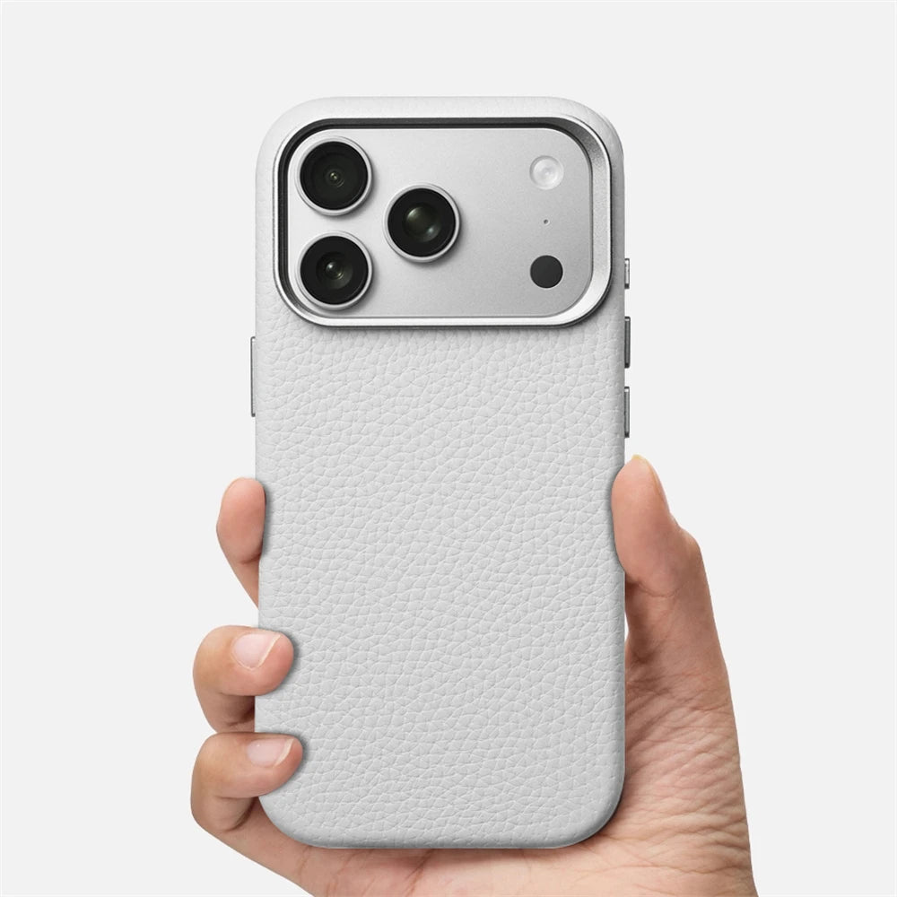 Luxury Business Lychee Texture Leather Shockproof Case For iPhone 17 Pro Max 16 15 14 13 For MagSafe Magnetic Alloy Lens Cover
