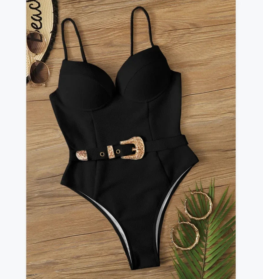 Sexy Push Up Underwire Swimwear Women Solid White Black Padded Buckle One Piece Swimsuit Beach Bathing Suit Bodysuit Monokini
