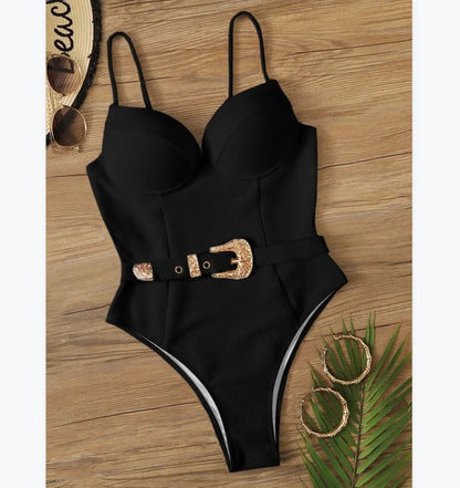 Sexy Push Up Underwire Swimwear Women Solid White Black Padded Buckle One Piece Swimsuit Beach Bathing Suit Bodysuit Monokini