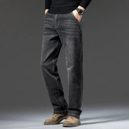 Men's loose straight leg jeans retro washed elastic casual pants suitable for all seasons versatile pants