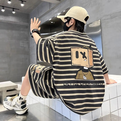 Stripe Sport Two-Piece Set Children Sets Shorts for Boy Children's Clothing From 3 To 4 Boys Outfit Cartoon Fashion Clothes Kids