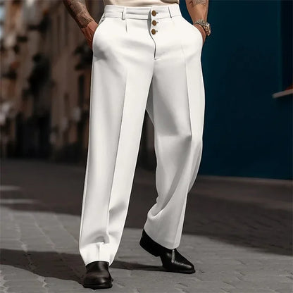 Male Formal Outdoor Pants Men's Solid Color Simple Basic Casual Trendy Loose Business Wide Leg Straight Button Suit Trousers