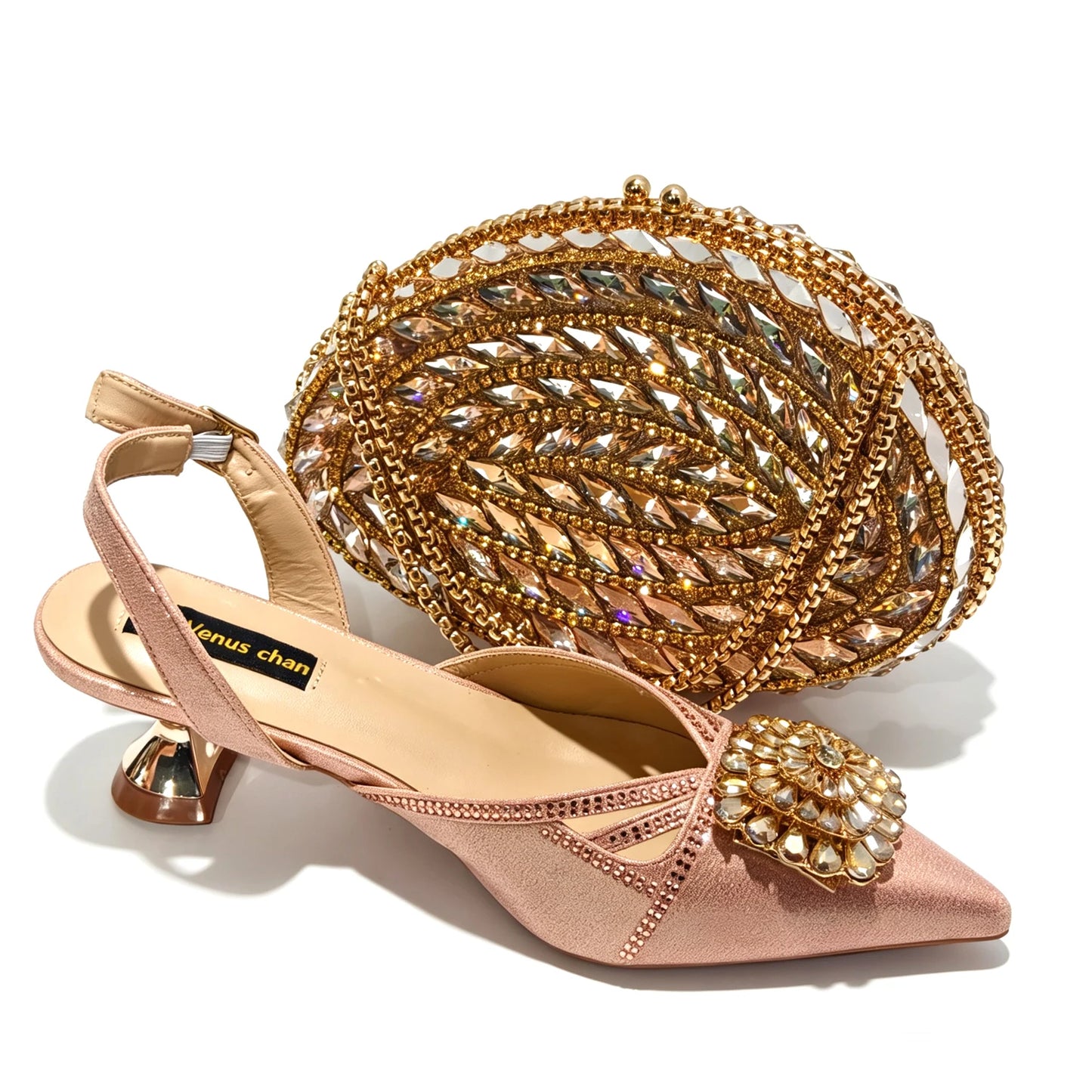 2026 New Arrival Italian-Inspired Green Rhinestone Pointed Toe Women’s High Heels with Matching Handbag Set Elegant Wedding