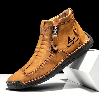 Men's Hand-Sewn High-Top Boots, Fashionable Side-Zip Casual Shoes, All-Season Outdoor Boots, Large Size Men's Shoes, Comfortable Bare Boots