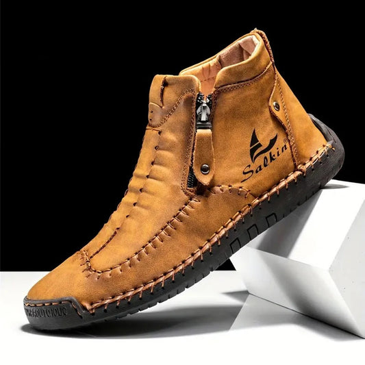 Men's Hand-Sewn High-Top Boots, Fashionable Side-Zip Casual Shoes, All-Season Outdoor Boots, Large Size Men's Shoes, Comfortable Bare Boots