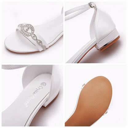 Summer new 2-cm square-heeled silk ribbon pearl rhinestone low-heeled wedding shoes beaded lace-up flat large-size women sandals