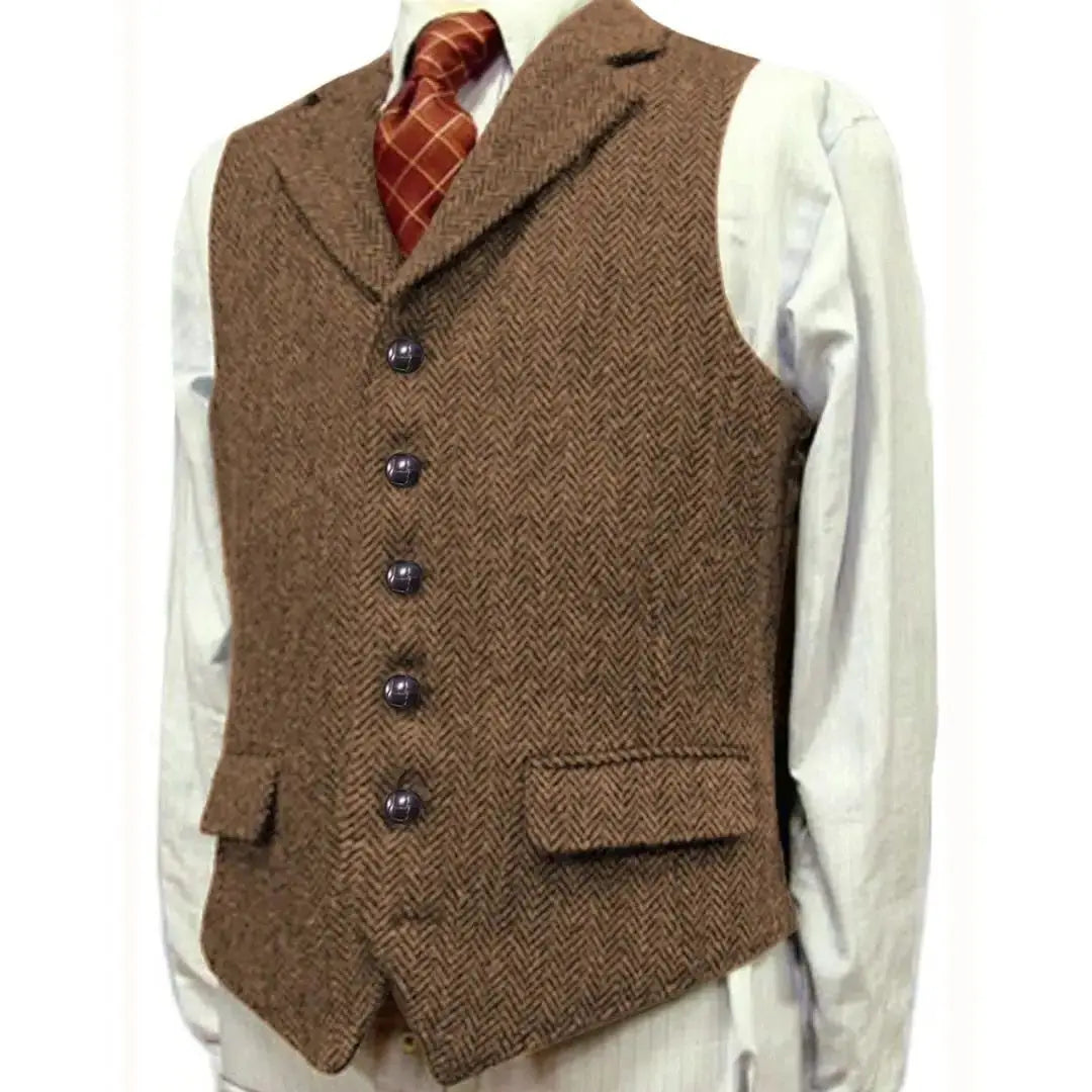 Men Vest Brown With Lapel Boutique Herringbone Single Button Fit Waistcoat Casual Formal Business Wedding Daily Men Suit Vest