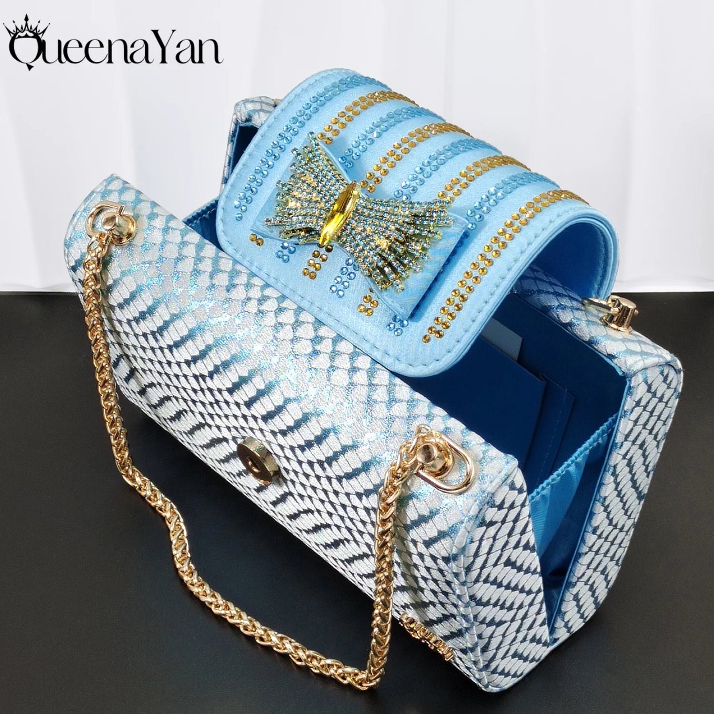 Hot Selling Sky Blue Color Party Peep Toe High Heels and Handbag  Set With Striped and Rhinestone Decoration Design