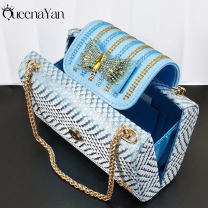 Hot Selling Sky Blue Color Party Peep Toe High Heels and Handbag  Set With Striped and Rhinestone Decoration Design