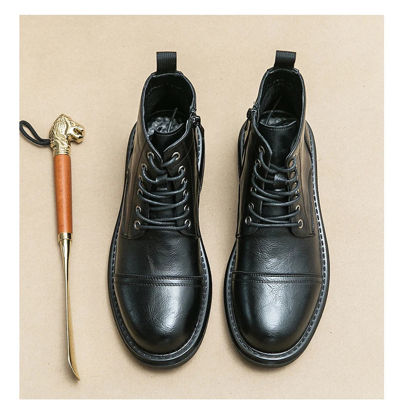 Men Black Leather Boots Casual Lace Up Leather Shoes Size 39-46