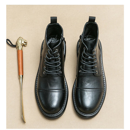 Men Black Leather Boots Casual Lace Up Leather Shoes Size 39-46