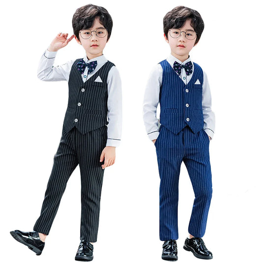 2PCs/5Pcs Kids Boy Gentleman Formal Suit White T-shirt Black Blue Stripe Set Children Birthday Party Wedding Clothing