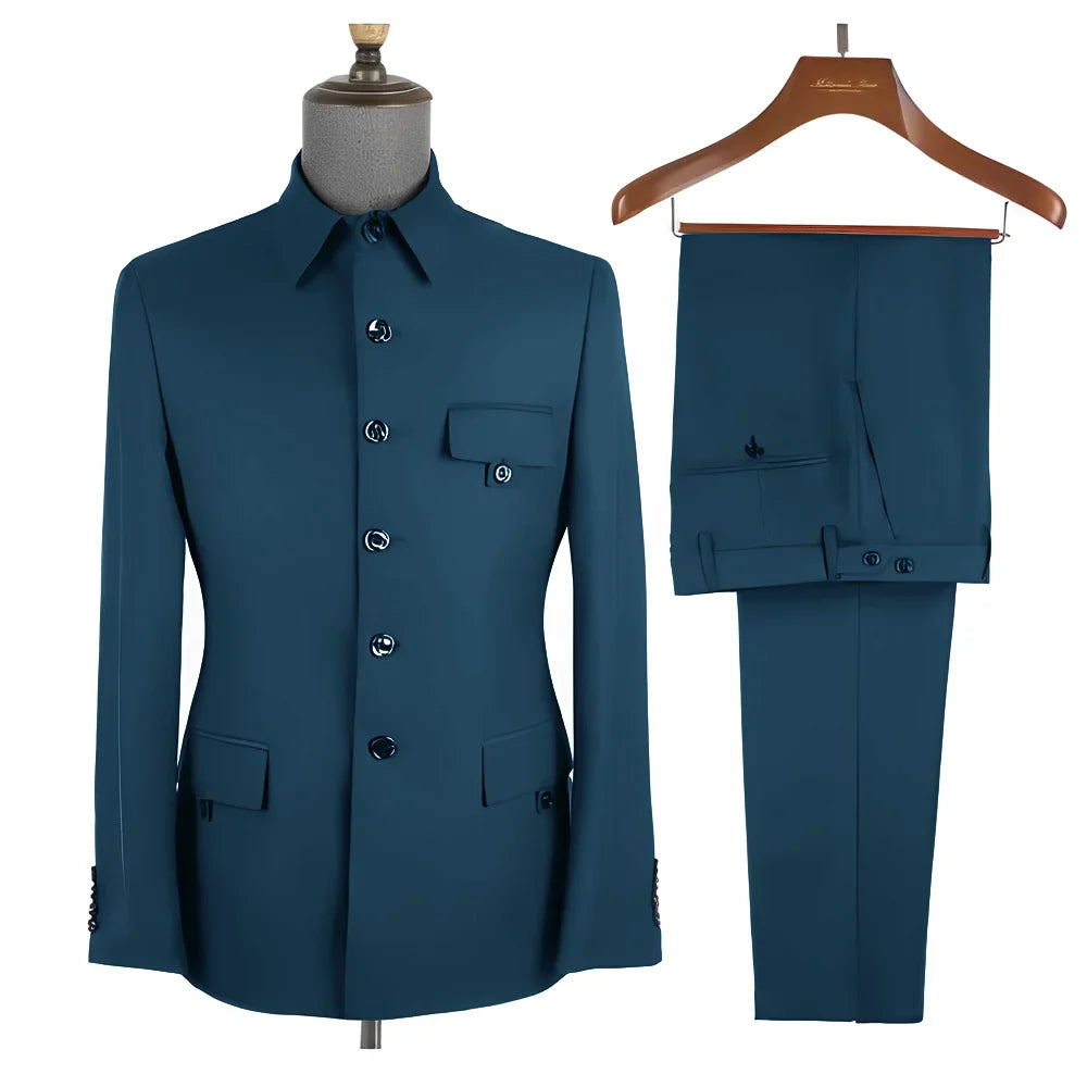 Royal Blue Formal Men's Suit 2 Piece Set Stand Collar Blazer Pants Slim Fit Wedding Groom Tuxedo Party Dress