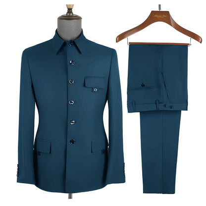 Royal Blue Formal Men's Suit 2 Piece Set Stand Collar Blazer Pants Slim Fit Wedding Groom Tuxedo Party Dress