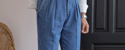Italian Style Men's High Waist Business Neapolitan Jeans Draped Cuffed Straight Leg Western Pants Youth Trendy Wear Resistant