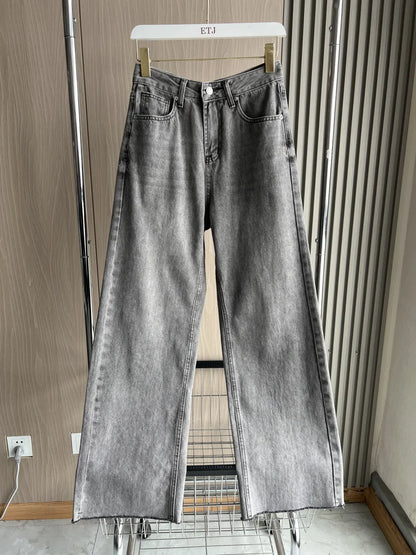 Wide-leg high-waisted jeans  women's classic everything with five pockets washed soft comfortable ultra-long jeans6045022